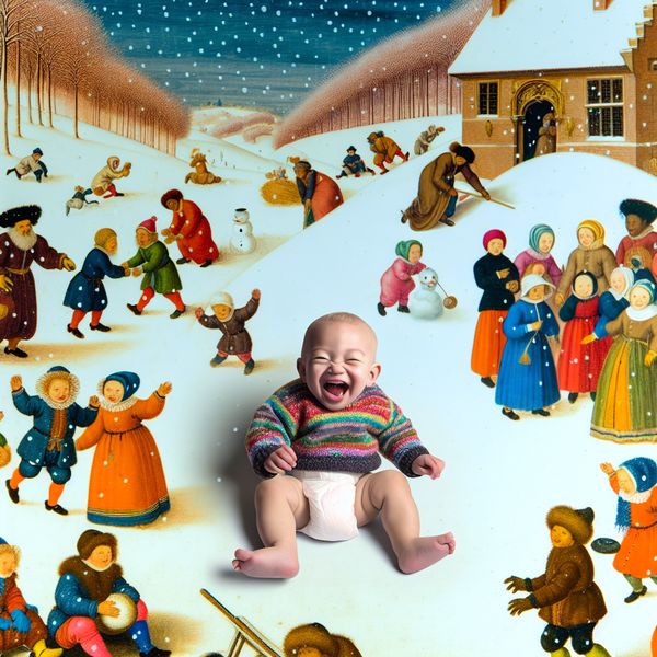 Een klein kind met een schattige, luierachtige achterkant speelt vrolijk in de sneeuw.