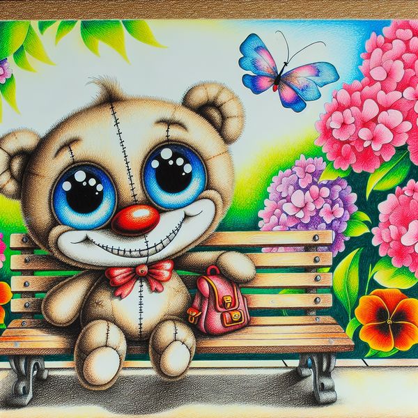 Schattig klein teddybeertje in het park Een schattig, klein teddybeertje op een parkbank omringd door kleurrijke bloemen en flonkerende vlinders