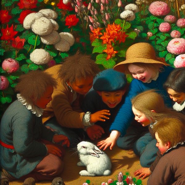 Schattig konijn speelt in tuin met kinderen Een klein, schattig konijn speelt gelukkig tussen kleurrijke bloemen terwijl kinderen het liefdevol aaien in een zonovergoten tuin.