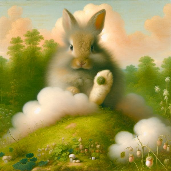 Schattig konijn met kleine hoeven op grasheuvel Een schattig konijn dat op een grasheuvel zit, met zijn kleine hoef zichtbaar, omringd door bloeiende wilde bloemen en zacht diffuus licht.