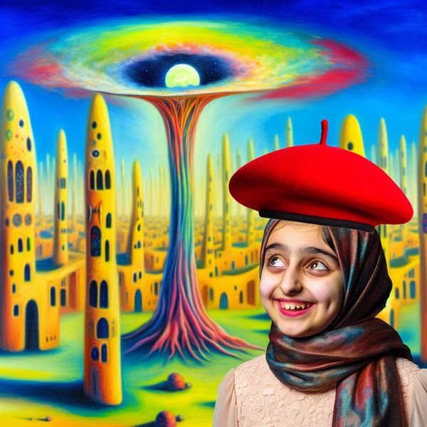 Schattig meisje met beret in surrealistische landschap Een jonge meisje met een schattig baretje in een droomachtige omgeving