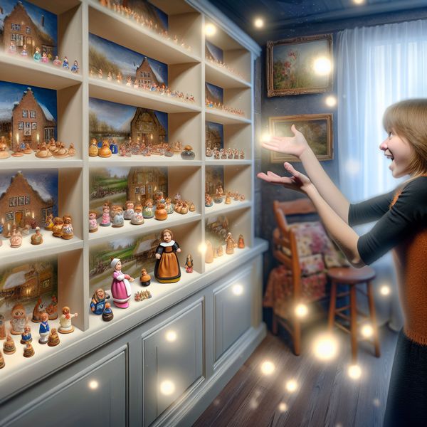 Schattig miniatuurfiguurtje in een gezellige kamer Een kind wijst met vreugde naar een schattig miniatuurfiguurtje in een warme, gezellige kamer vol kleine verzamelobjecten.