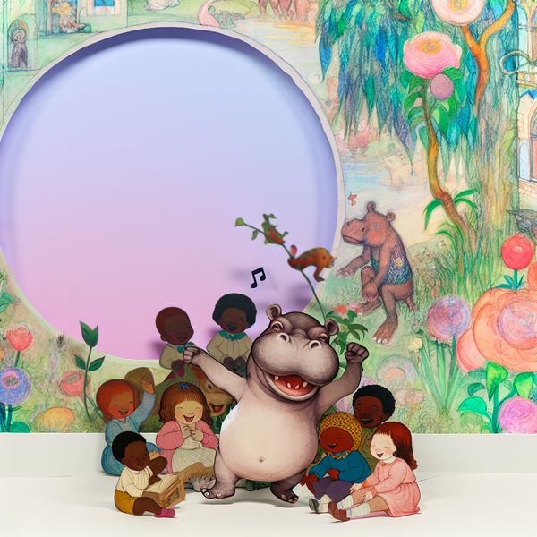 Een schattig nijlpaard dat dansend verhalen vertelt aan een groep blije kinderen in een kleurrijke kinderboekenscène.