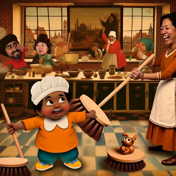 Schattig poetsje in een levendige huishoudelijke scène Een schattig poetsje in een levendige huishoudelijke scène, met een kind dat speelt met tiny brooms terwijl een ouder toekijkt.