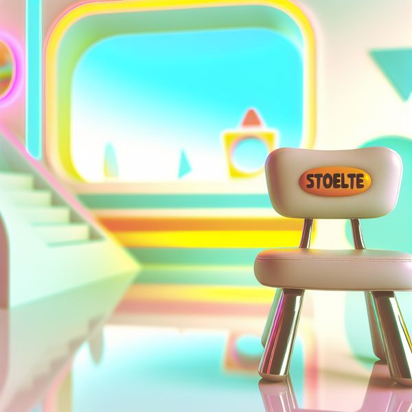 Schattig Stoeltje in Retro-Futuristische Kamer Een kleurrijke kamer met een schattig, klein stoeltje dat 'stoeltje' heet, omringd door speelse geometrische vormen.
