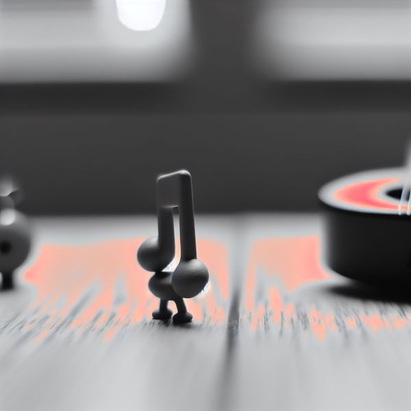Schattig speelgoedtoontje en muzikale instrumenten Een schattige speelgoedtoontje in de vorm van een muzikale noot op een houten tafel, omringd door muzikale instrumenten zoals een gitaar en een trommel.