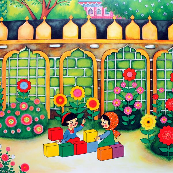 Schattig Tuinbeeld met Diminutief Muur en Kinderen Een charmante tuin met een klein, kleurrijk bakstenen muurtje, omringd door levendige bloemen en twee kinderen die met LEGO spelen.