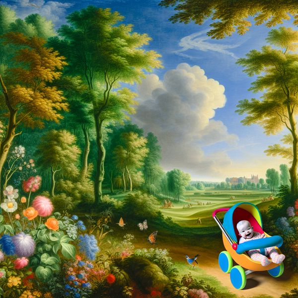 Schattige baby in kinderwagen in prachtig park Een schattige baby in een kleurrijke kinderwagen in een pittoresk park met groene bomen en bloeiende bloemen.
