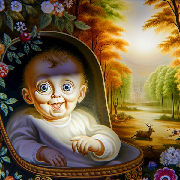 Een schattige baby in een kinderwagen, omringd door zonlicht dat door de bomen filtert