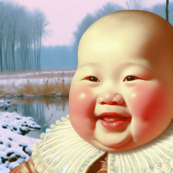 Een glimlachende baby met schattige wangetjes, omringd door sneeuw op een winterdag.
