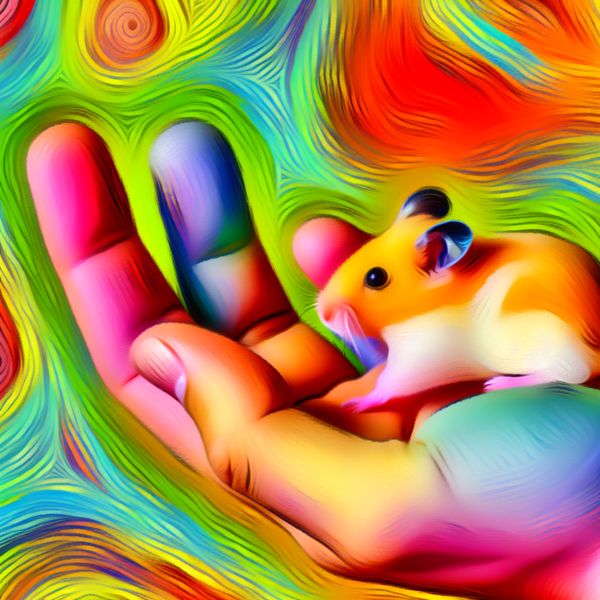Schattige babyhamster in hand van een kind - Karel Appel stijl Close-up van een schattige babyhamster in de hand van een kind, met een kleurrijke abstracte achtergrond.
