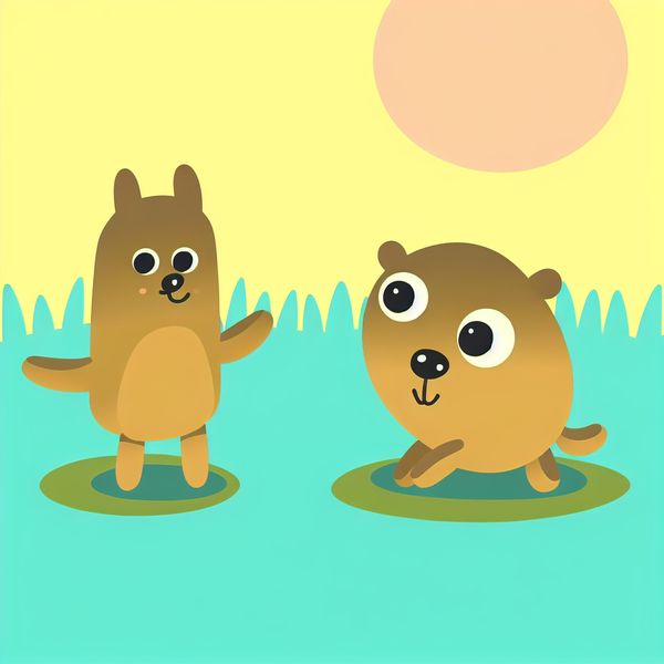 Schattige cartoondieren in een speelse interactie Een charmante illustratie van twee schattige, cartoonachtige dieren die speels met elkaar omgaan, weergegeven in minimalistische lijnen en felle kleuren.
