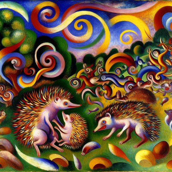 Schattige Hedgelfamilies in Levendige Tuin Vibrant abstract painting van schattige families van egels in een kleurrijke tuin onder een dynamische lucht.