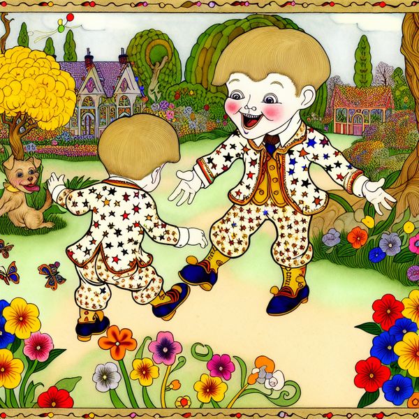 Vrolijk spelende jongen in schattig jasje in park Een kleine jongen in een schattig, sterrenpatronen jasje speelt vrolijk in een park vol bloemen, met een kleine hond in een bijpassend jasje die toekijkt.