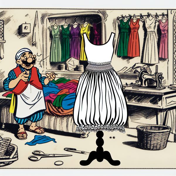Schattige jurk met vouwtjes in een kleurrijke kleermakerswerkplaats Cartoonachtige afbeelding van een schattige jurk op een mannequin met mooie vouwtjes aan de zoom.