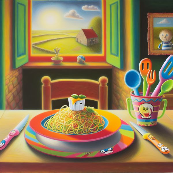 Een kleurrijk kinderlunch met een schattig bord spaghetti, gegarneerd met gesmolten kaas en basilicum.