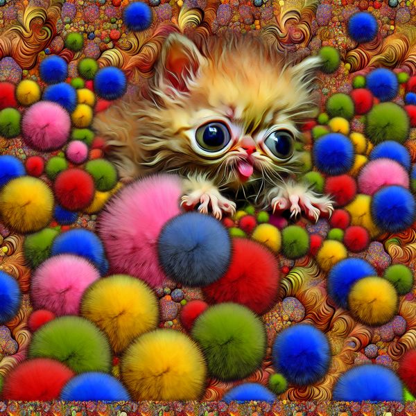Schattige Kittens en Pom-Poms in een Kleurrijk Tafereel Schattige, kleine kitten omringd door felgekleurde, pluizige pom-poms.