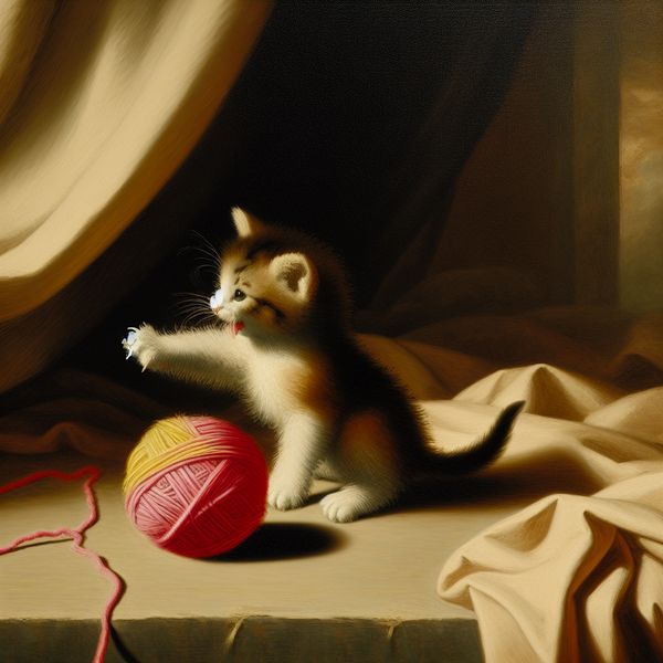 Schattige kleine kitten speelt met garen Een schattige kleine kitten die speels met een kleurrijke bol garen speelt in een gezellige binnenruimte.