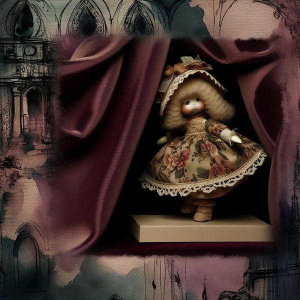Schattige pop in gothic geïnspireerde inrichting Een schattige pop met een delicaat geschilderd gezicht en miniatuur kleding, geplaatst op een verhoogd voetstuk in een gothic geïnspireerde kamer.