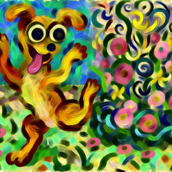 Speelse puppy danst vreugdevol in een kleurrijke tuin vol bloemen.
