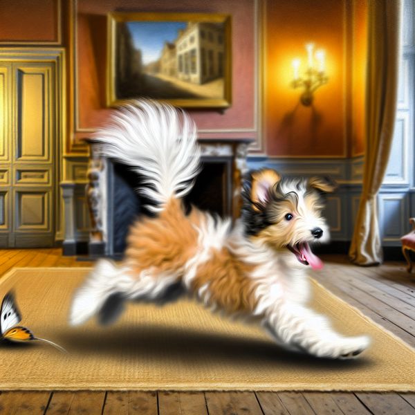 Vrolijke puppy in een Nederlandse woonkamer Een speelse puppy met een fluffy staart die vrolijk beweegt, terwijl hij achter een vlinder of bal aanrent in een gezellige woonkamer.