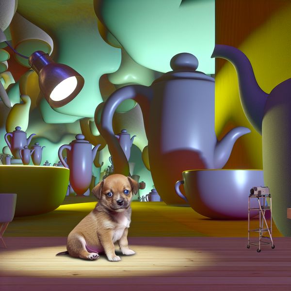 Schattige puppy in surrealistisch landschap met oversized theekopjes Een schattige puppy met een overdrijven klein hoofd, zittend in een surrealistisch landschap met enorme theekopjes en theepotten.