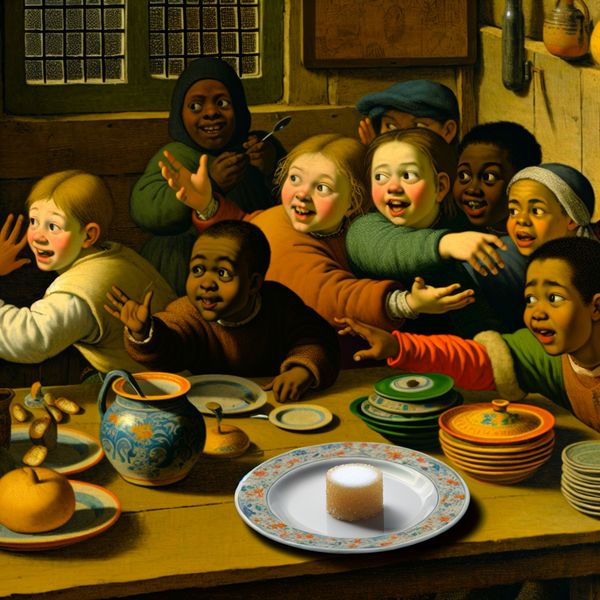 Een schattige suikerklontje op een delicaat bord, omringd door blije kinderen in een gezellige Nederlandse keuken.