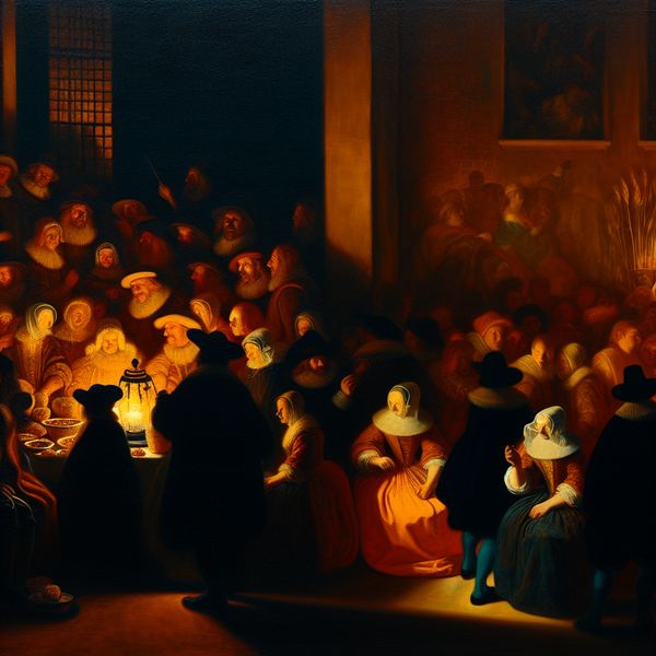 Schatting aantal mensen feest - Nederlandse schilderkunst Rembrandt-stijl 17e-eeuwse Nederlandse feestscène met ongeveer honderd mensen, geschilderd in Rembrandt-stijl met dramatisch clair-obscur