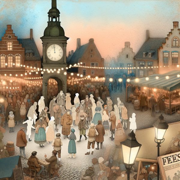 Schatting van tijd en hoeveelheid in nostalgisch dorpsfeest - Anton Pieck stijl Dromerig dorpsfeest bij schemering met mensen die dansen en praten onder sfeerverlichting, met een vaag kloktoren die een geschat tijdstip aangeeft