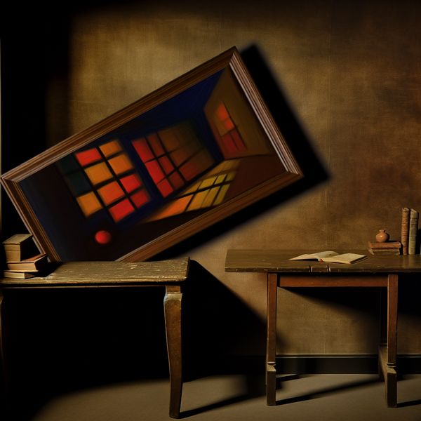 Een scheef hangend schilderij en een ongelijkstaande tafel in een zwak verlichte kamer.