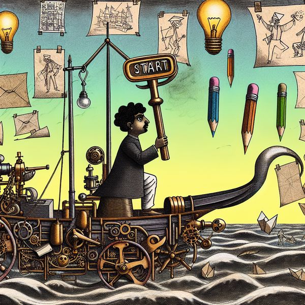Scheep gaan met een plan: illustratie van beginnen met een nieuw idee Cartoonfiguur met een gloeiende sleutel genaamd 'start' op een creatief schip van papier en blauwdrukken, varend op een zee van ideeën en gereedschappen