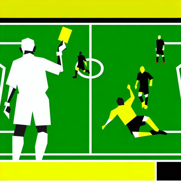 Minimalistische illustratie van een scheidsrechter die een gele kaart toont aan een gefrustreerde voetballer tijdens een wedstrijd, in de stijl van Dick Bruna