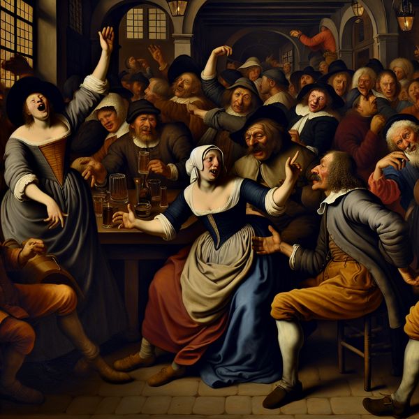 17e-eeuwse Nederlandse taverne-scène met een man die een vrouw beledigt met het scheldwoord 'hoer', geschilderd in de stijl van Jan Steen