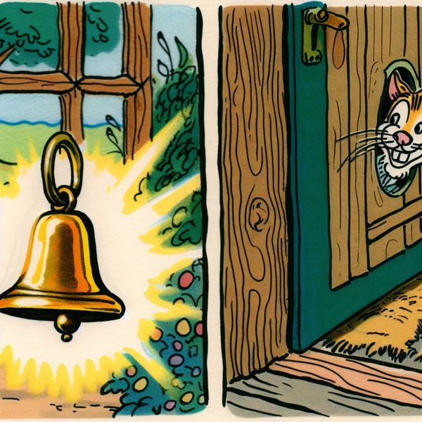 Een vrolijke cartoon van een schelling die aan een houten deur hangt, met een nieuwsgierige kat die erdoorheen kijkt en een blije postbode in de buurt.
