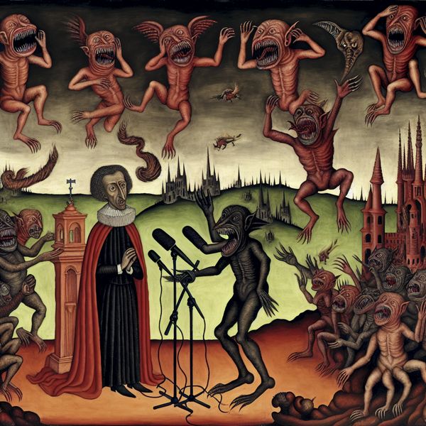 Surrealistisch tafereel van een politieke of mediadebat met een minister omringd door groteske hybride wezens die scherpe kritiek symboliseren, in de stijl van Jheronimus Bosch
