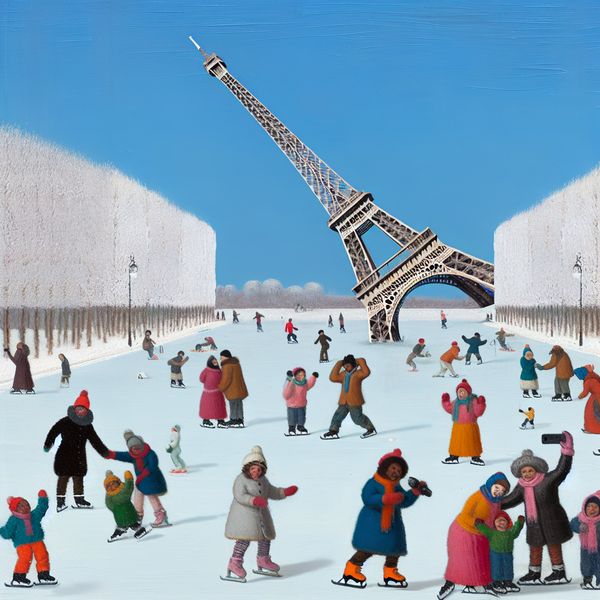Een levendig winterlandschap met de scheve Eiffeltoren omringd door blije toeristen en sneeuwbedekte bomen.