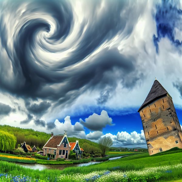 Een scheve toren tegen een dramatische lucht in een prachtig landschap met groene velden en wilde bloemen.