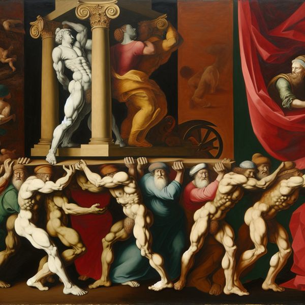 Schijn en werkelijkheid in barokkunst: de illusie van gemak Barokschilderij in de stijl van Rubens dat de illusie van gemak toont, waar gespierde figuren een zware zuil lijken op te tillen, maar in werkelijkheid een licht decorstuk vasthouden