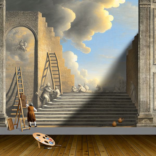 Een schilder die een stevige ladder tegen een oude, gestructureerde stenen muur plaatst onder dramatische wolken.