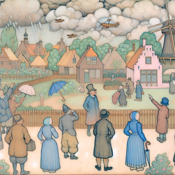 Een schilderachtige dorpje met dorpsbewoners die omhoog kijken naar een bewolkte lucht, enkele met paraplu's, gevangen in een sfeer van onzekerheid over de regen.