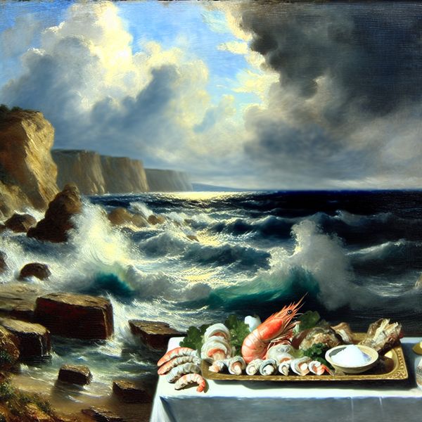 Schilderachtige Kustscene met Zeevruchten en Zoute Smaak Een schilderachtig kustlandschap met golven die tegen een rotsachtige kust slaan, en een tafel met een prachtig gepresenteerd zeevruchtengerecht, onder een dramatische lucht met zwervende wolken.