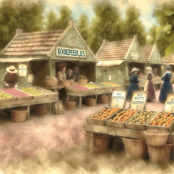 Een kleurrijke markt met koekepeertjes en blije klanten in vintage kleding.