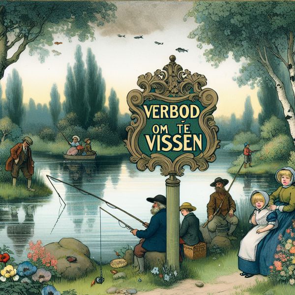 Schilderachtige rivier met verbodsbord 'Verbod om te vissen' Een schilderachtige rivierlandschap met een groot bord 'Verbod om te vissen', vissers kijken teleurgesteld terwijl een gezin picknickt.