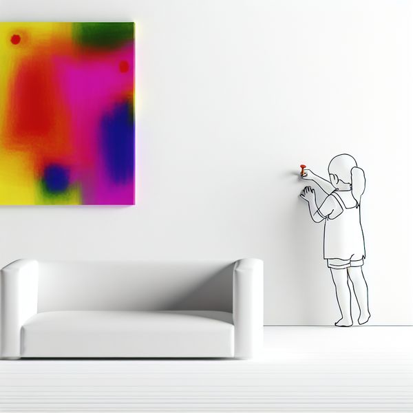 Persoon hangt een kleurrijk schilderij op aan de muur boven een eenvoudige bank in minimalistische stijl