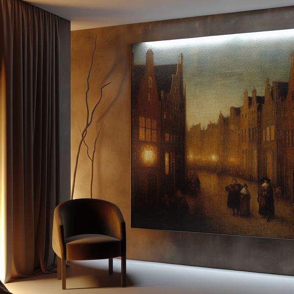 Schilderij van een stadsscene in serene woonkamer Een serene woonkamer met een prachtig schilderij van een stad aan de muur, verlicht door zacht avondlicht.
