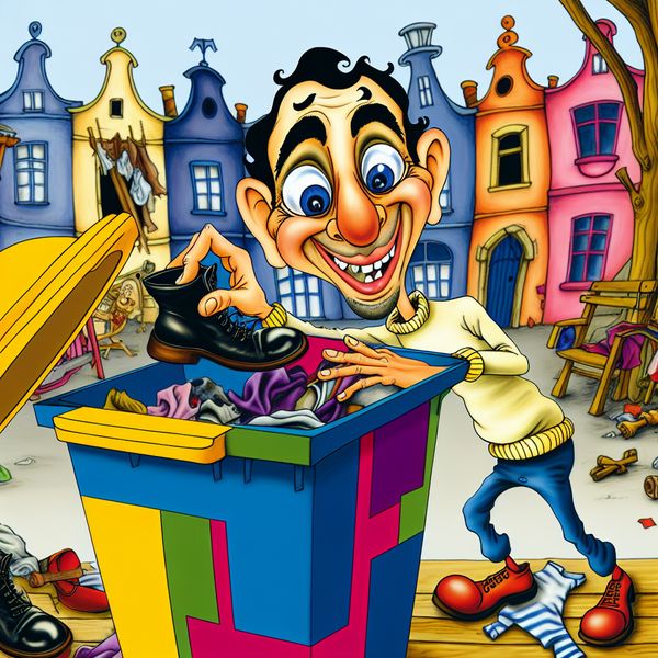 Speelse cartoon van schoenen weggooien in een kleurrijke prullenbak Een cartoonfiguur gooit oude schoenen weg in een kleurrijke prullenbak, omgeven door rommel.