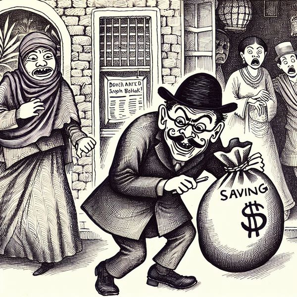 Cartoon van een sluwe schoft die stiekem een zak spaargeld steelt, met overdreven gezichtsuitdrukkingen en een sinistere maar humoristische sfeer