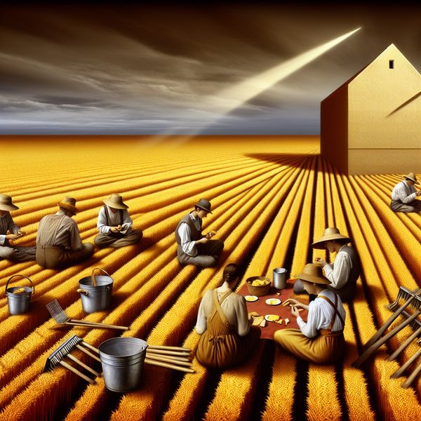 Traditionele schoftpauze van Nederlandse landarbeiders in een hyperrealistisch schilderij, met boeren die lunchen in een gouden graanveld onder een dramatische lucht