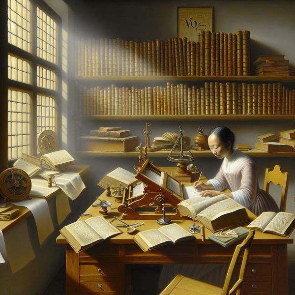 Scholarly Workspace in Vermeer Style Een serene studieomgeving met een bureau vol boeken en wetenschappelijke instrumenten, waarin een persoon gegevens analyseert.