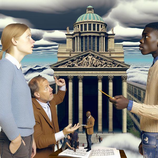 Groep middelbare scholieren voor een surrealistisch schoolgebouw, in serieuze discussie.